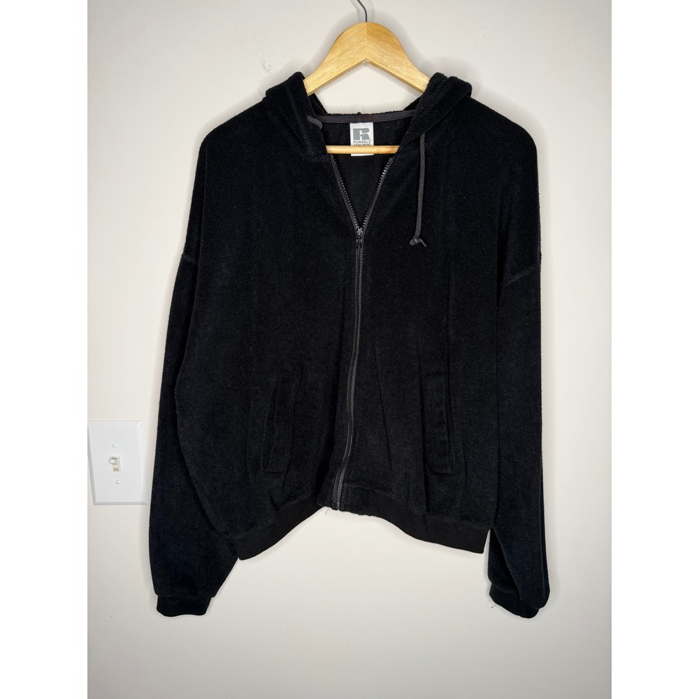 Vintage 90s Russell Athletic Black Full Zip Fleece Hoodie Sweatshirt Size‎ XL